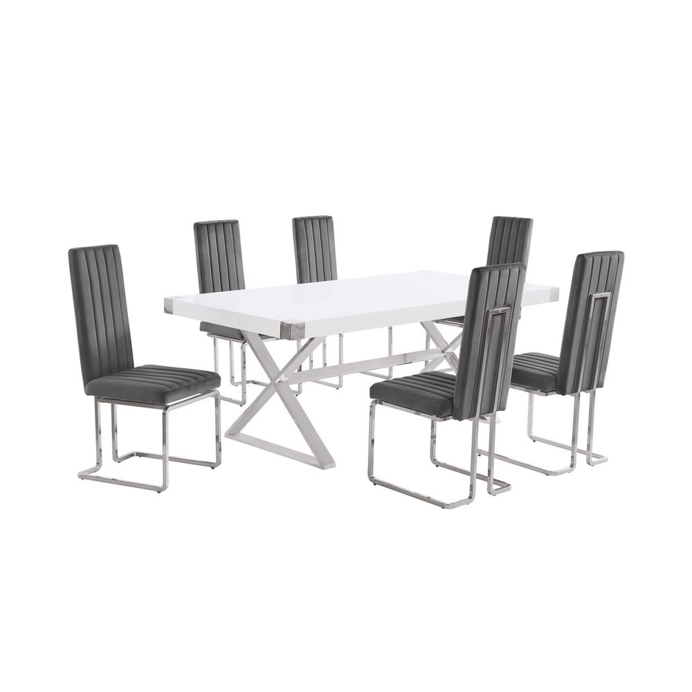 7pc Small(78") white wood top dining set with silver base and 6 chiars. Picture 1
