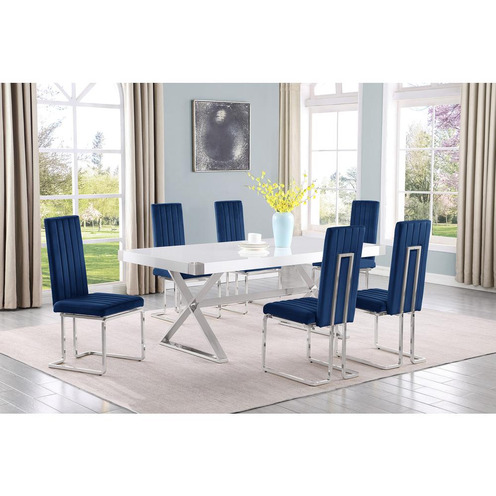7pc Small(78") white wood top dining set with silver base and 6 Navy side chiars. Picture 4