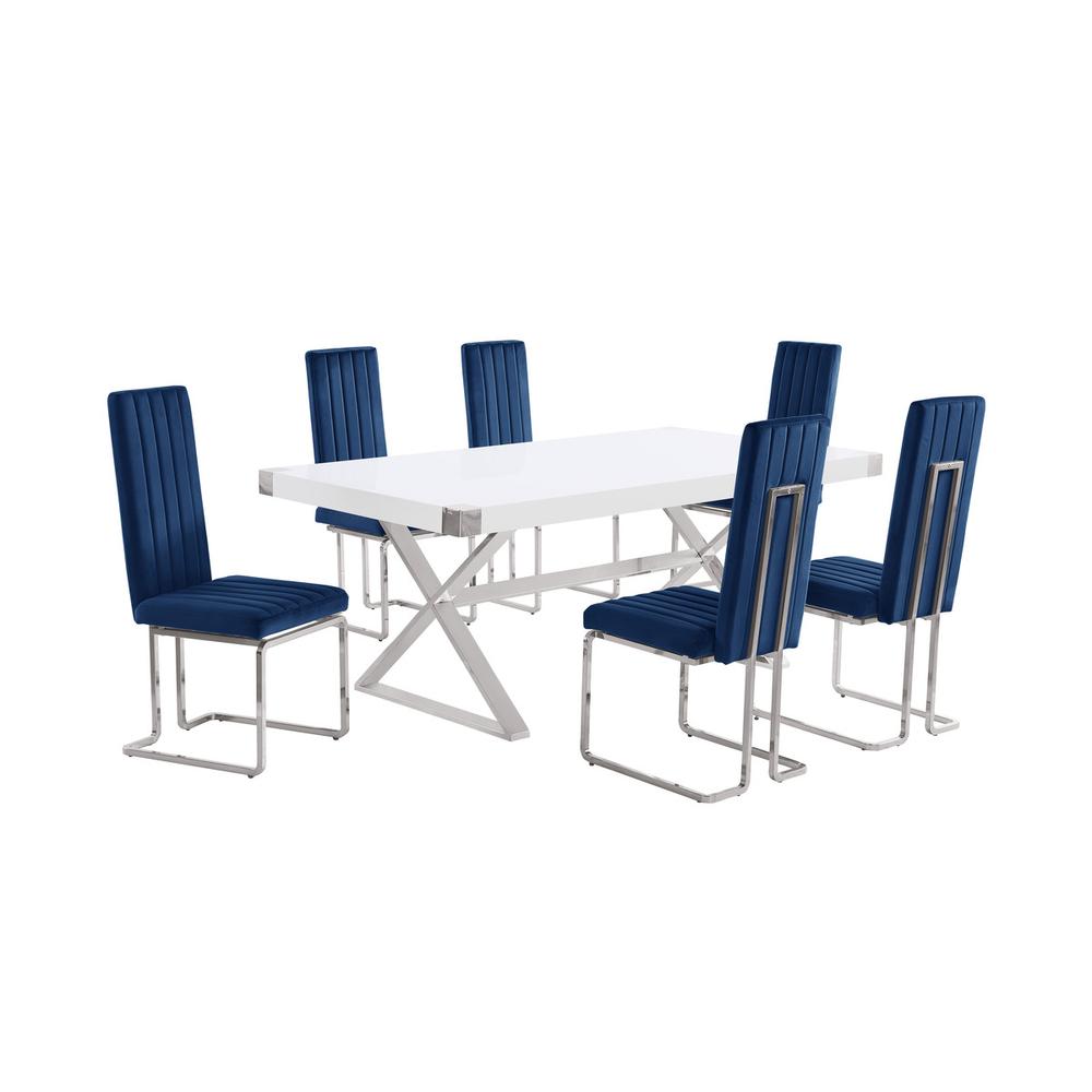 7pc Small(78") white wood top dining set with silver base and 6 Navy side chiars. Picture 1