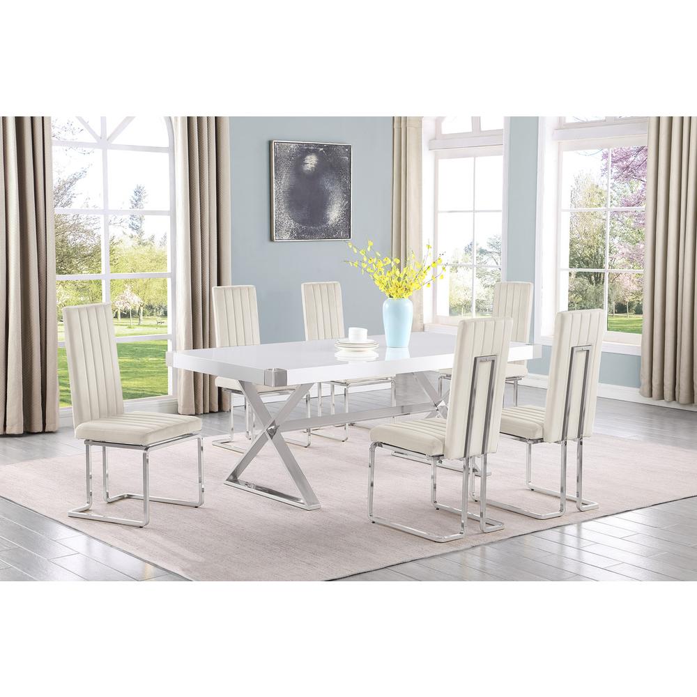 7pc Small(78") white wood top dining set with silver base and 6 chairs. Picture 4