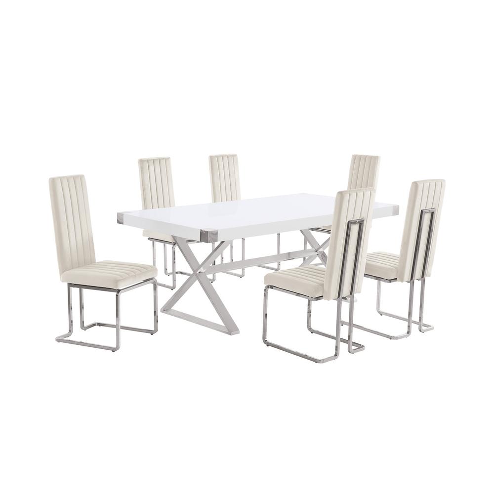 7pc Small(78") white wood top dining set with silver base and 6 chairs. Picture 1