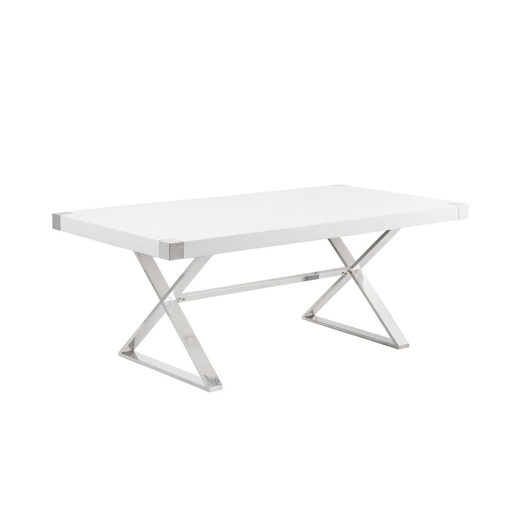 Small (78") white wood top dining set with silver stainless steel base. Picture 1