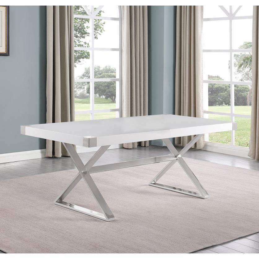 Small (78") white wood top dining set with silver stainless steel base. Picture 2