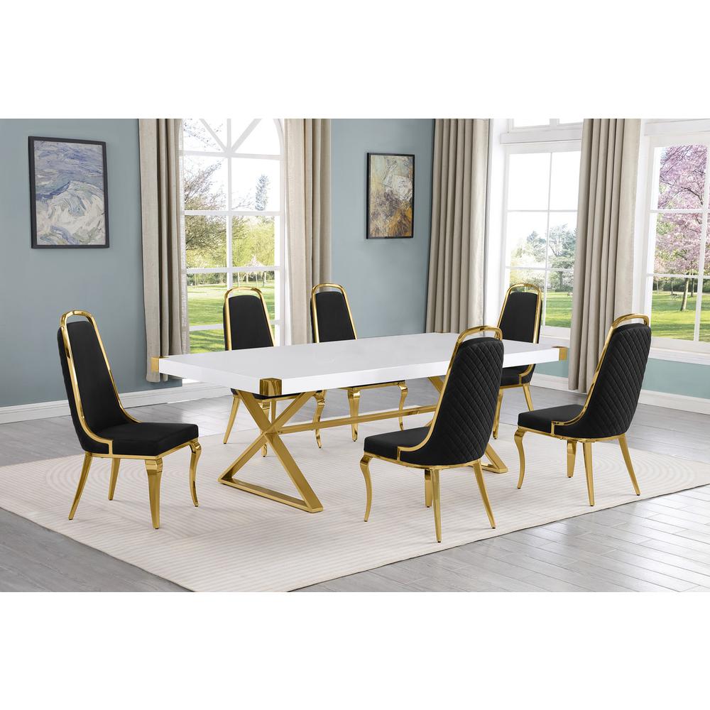 7pc Large(94") white wood top dining set with gold base and 6 Black side chairs. Picture 4