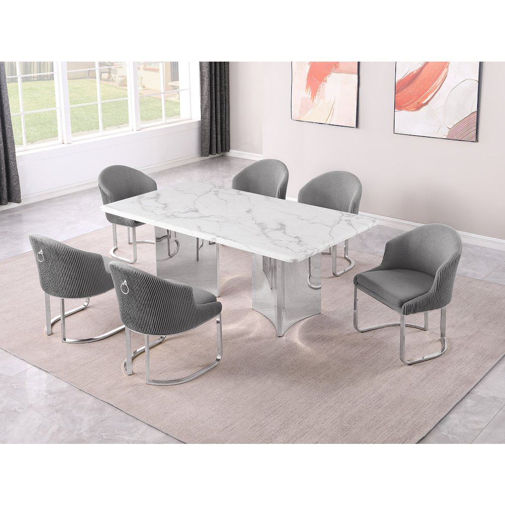 7pc Rectangular Dining Table Set with White Marble Top and Dark Gray Chairs. Picture 2