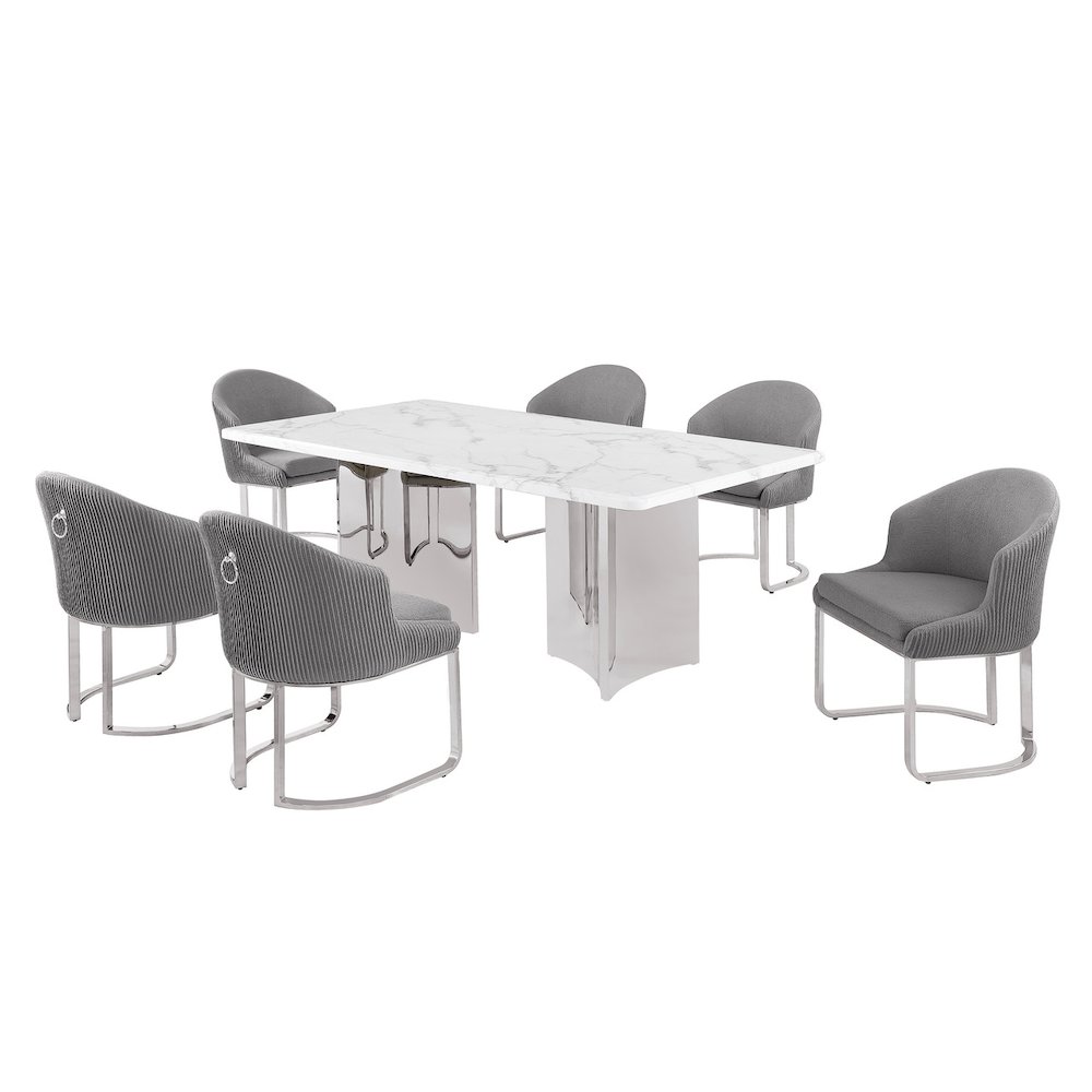 7pc Rectangular Dining Table Set with White Marble Top and Dark Gray Chairs. Picture 1