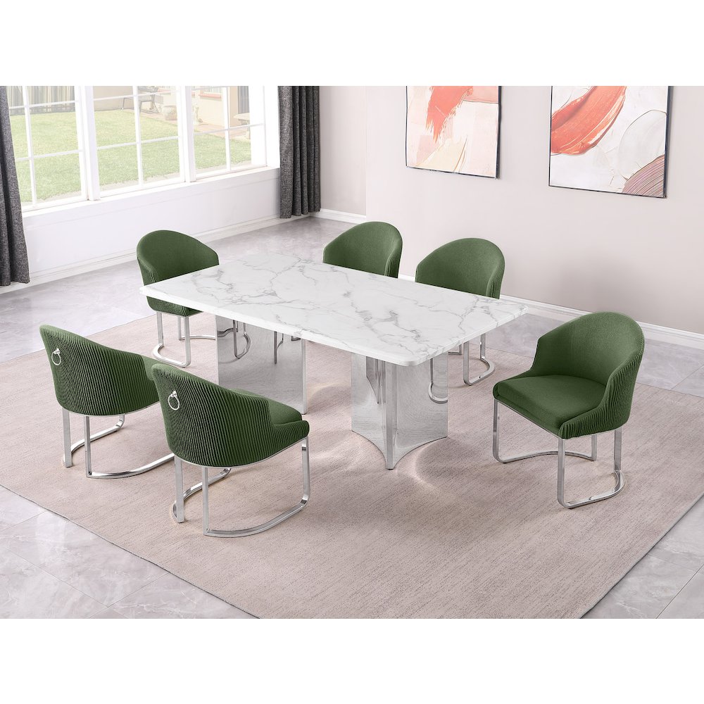 7pc Rectangular Dining Table Set with White Marble Top and Green Chairs. Picture 2