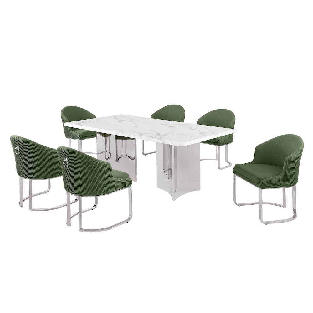 7pc Rectangular Dining Table Set with White Marble Top and Green Chairs. Picture 1
