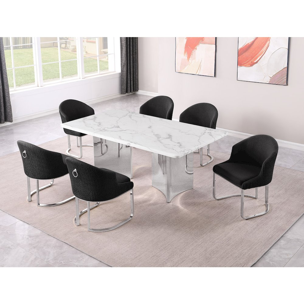 7pc Rectangular Dining Table Set with White Marble Top and Black Chairs. Picture 2