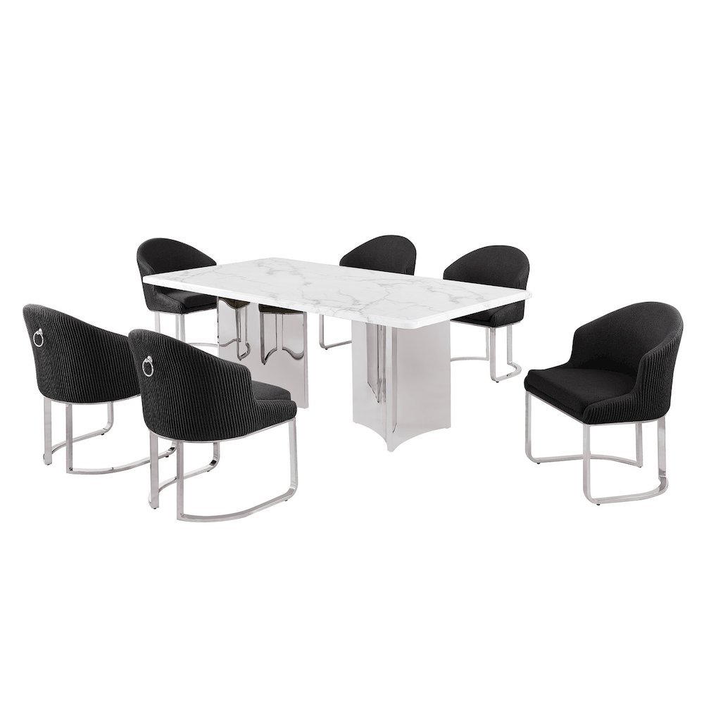 7pc Rectangular Dining Table Set with White Marble Top and Black Chairs. Picture 1
