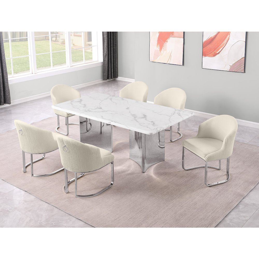 7pc Rectangular Dining Table Set with White Marble Top and Cream Chairs. Picture 2