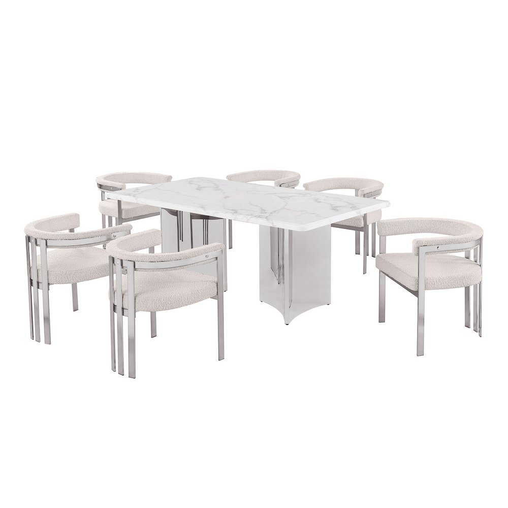 7pc 38mm Marble Top Dining Set 6 Cream Chiars. Picture 1