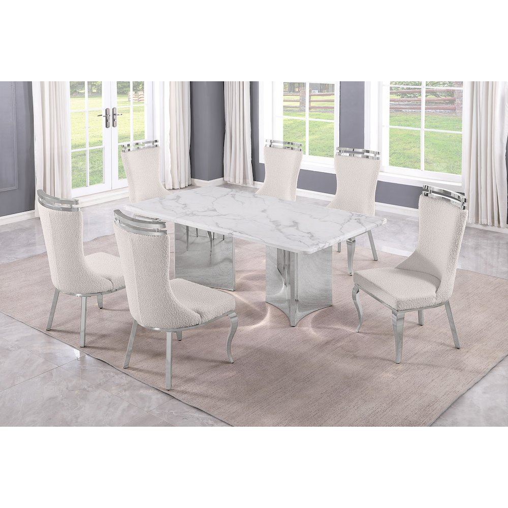 7pc Rectangular Dining Table Set with White Marble Top and Cream Chairs. Picture 2