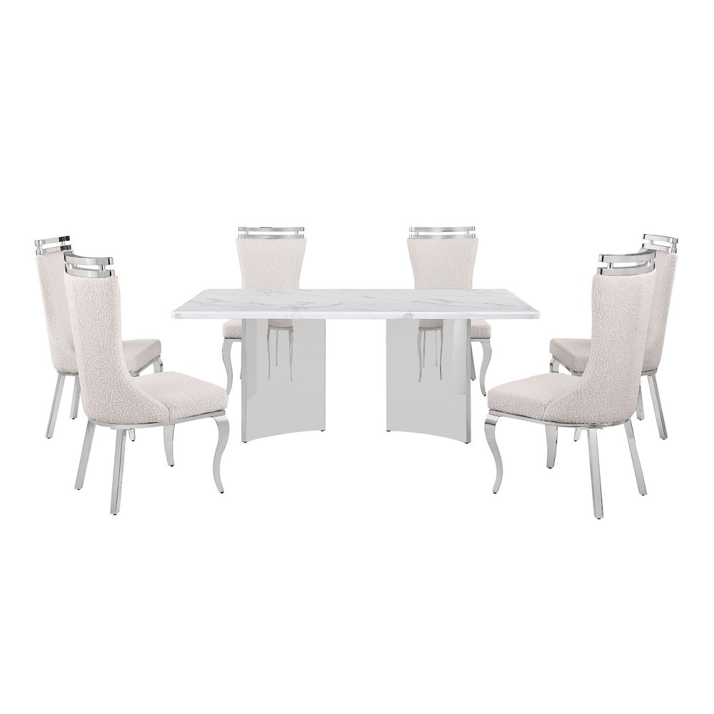 7pc Rectangular Dining Table Set with White Marble Top and Cream Chairs. Picture 1