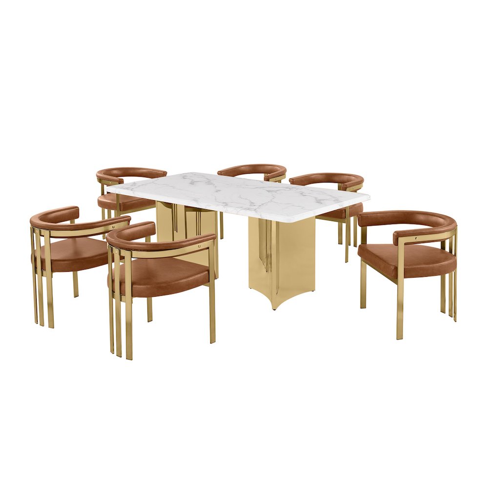 7pc 72" Marble Top Dining Set with 6 Toffee Chairs. Picture 1