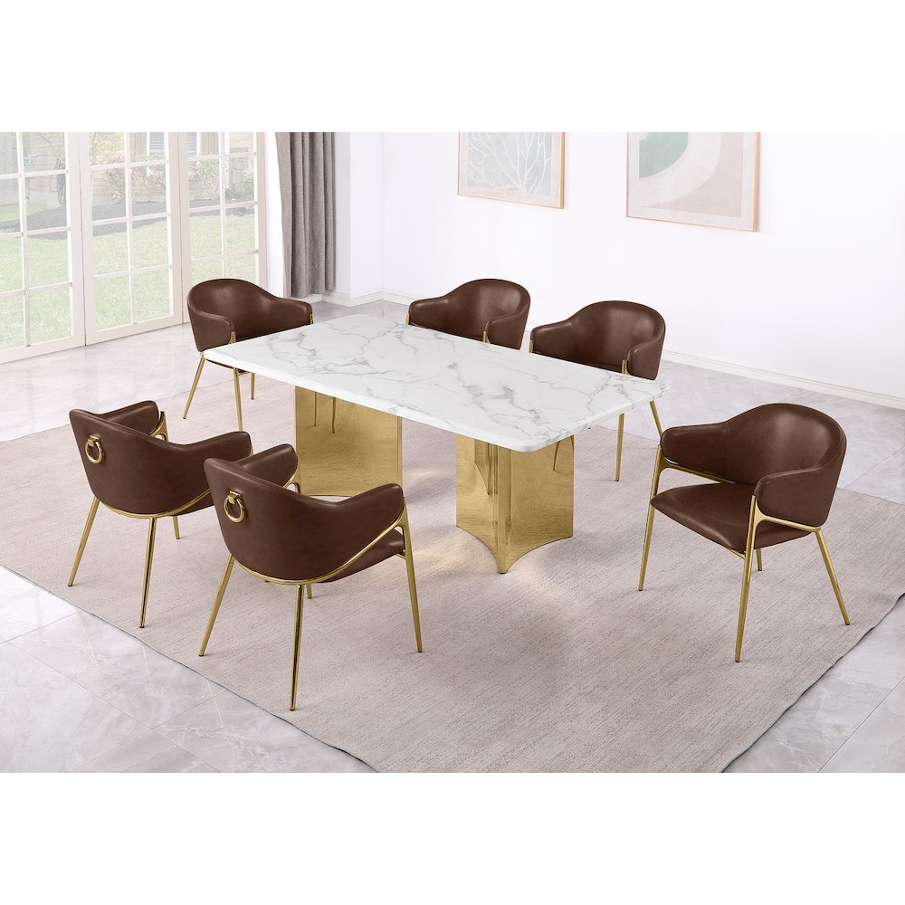 9pc Rectangular White Marble Top with 8 Mocha Boucle Fabric Chairs. Picture 2