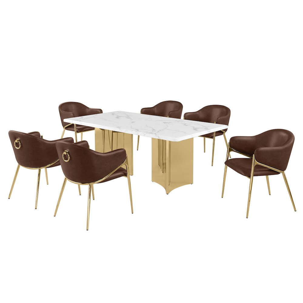 9pc Rectangular White Marble Top with 8 Mocha Boucle Fabric Chairs. Picture 1