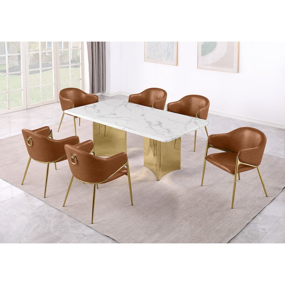9pc Rectangular White Marble Top with Toffee Boucle Fabric Chairs. Picture 2