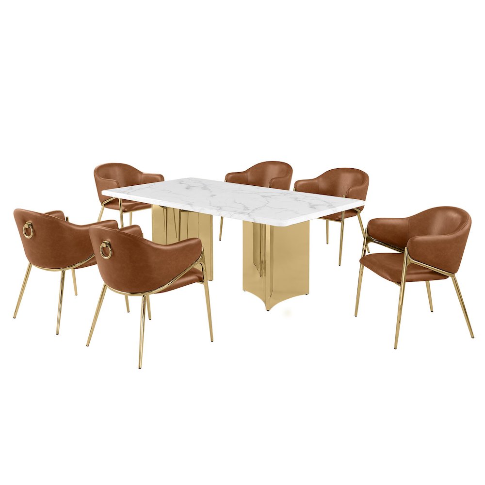 9pc Rectangular White Marble Top with Toffee Boucle Fabric Chairs. Picture 1