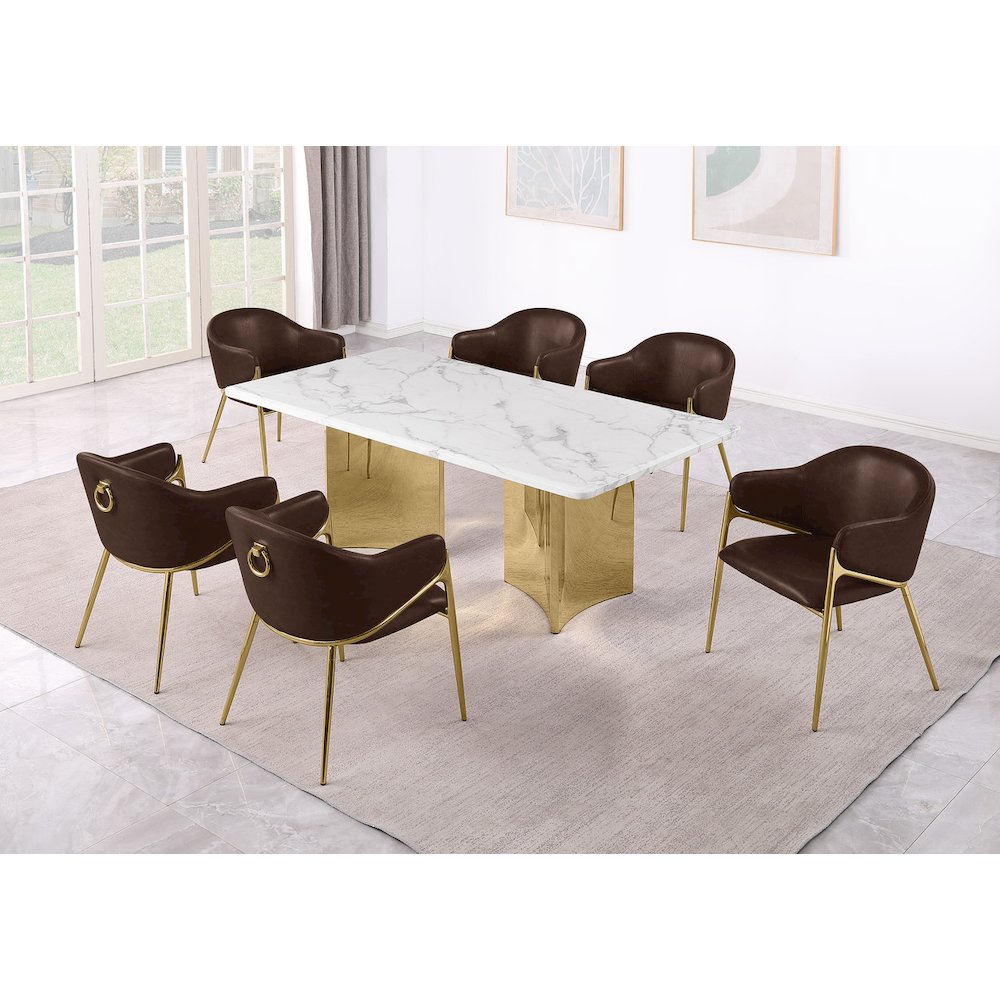 9pc Rectangular White Marble Top with Espresso Boucle Fabric Chairs. Picture 2