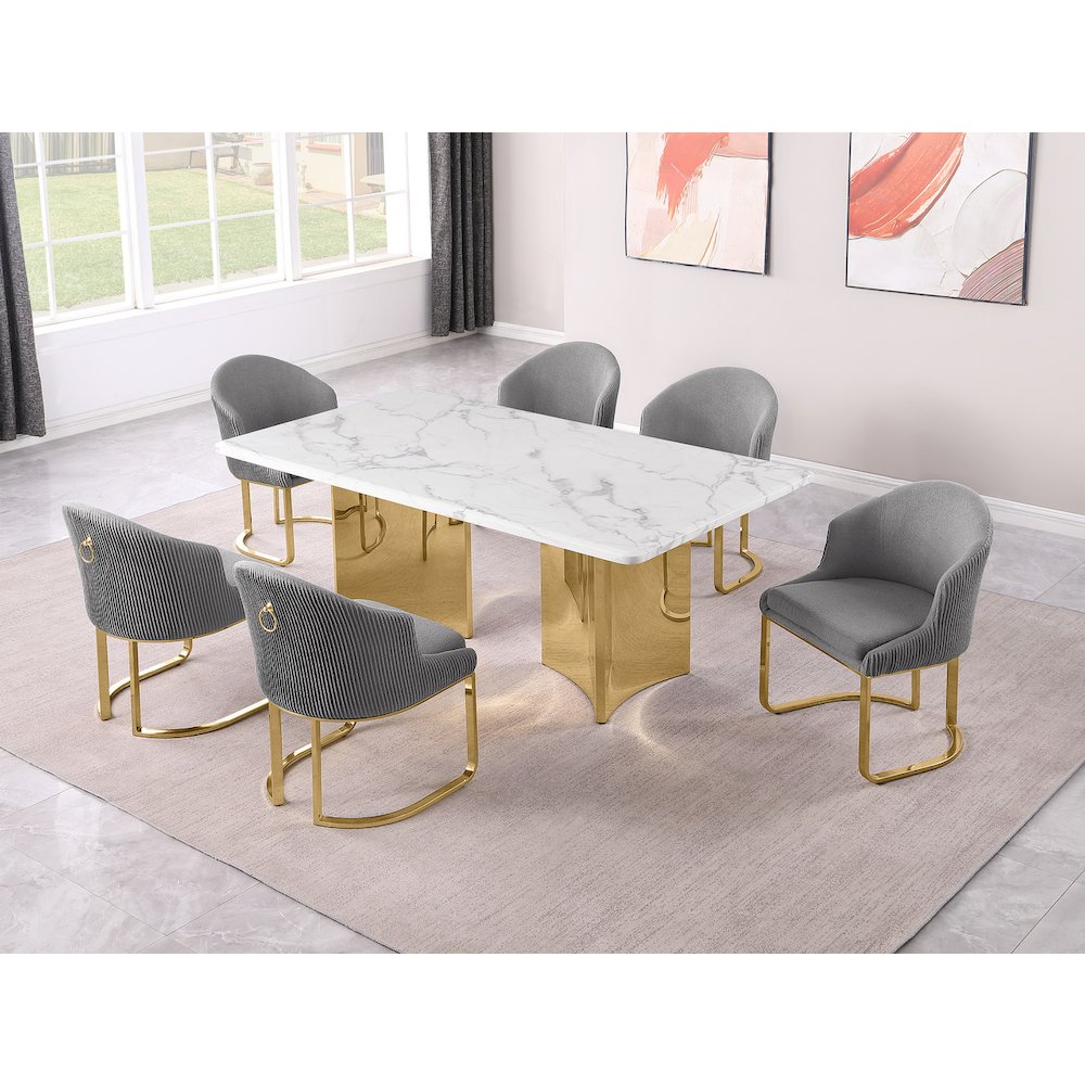 7pc Rectangular Dining Table Gold Base Set with White Marble Top and Gray Chairs. Picture 2