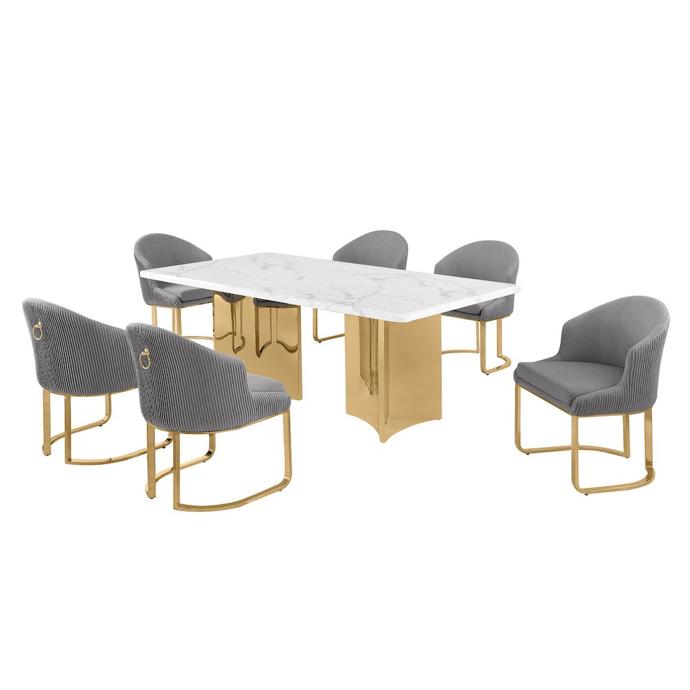 7pc Rectangular Dining Table Gold Base Set with White Marble Top and Gray Chairs. Picture 1