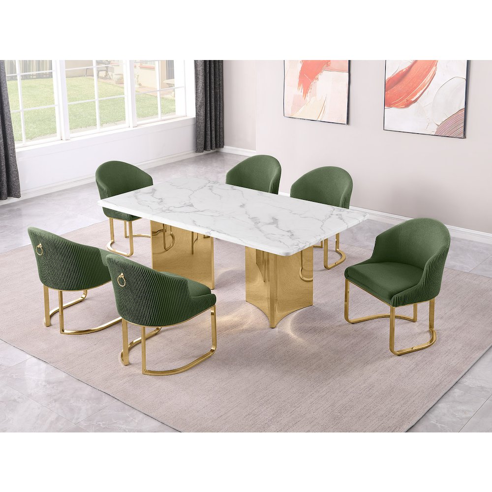 7pc Rectangular Dining Table Gold Base Set with White Marble Top and Chairs. Picture 2
