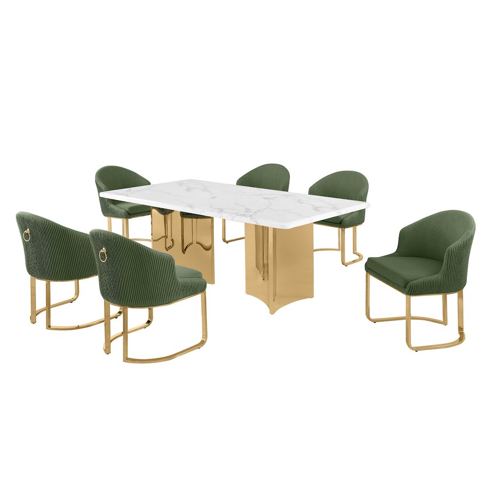7pc Rectangular Dining Table Gold Base Set with White Marble Top and Chairs. Picture 1