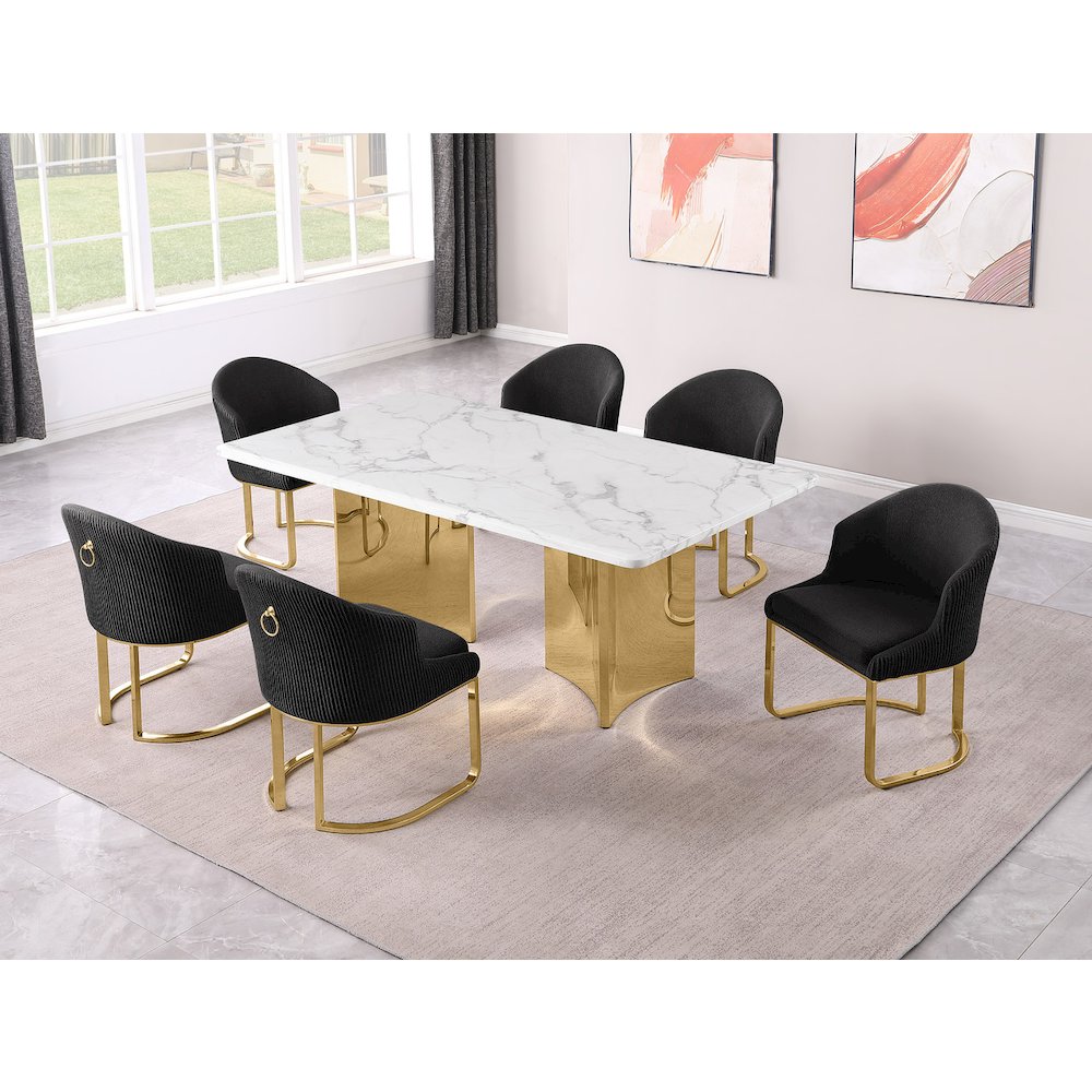 7pc Rectangular Dining Table Gold Base Set with White Marble Top and Chairs. Picture 2