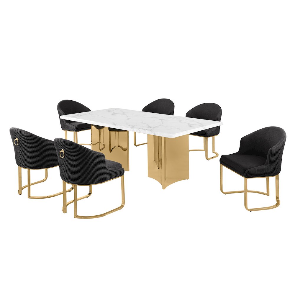 7pc Rectangular Dining Table Gold Base Set with White Marble Top and Chairs. Picture 1