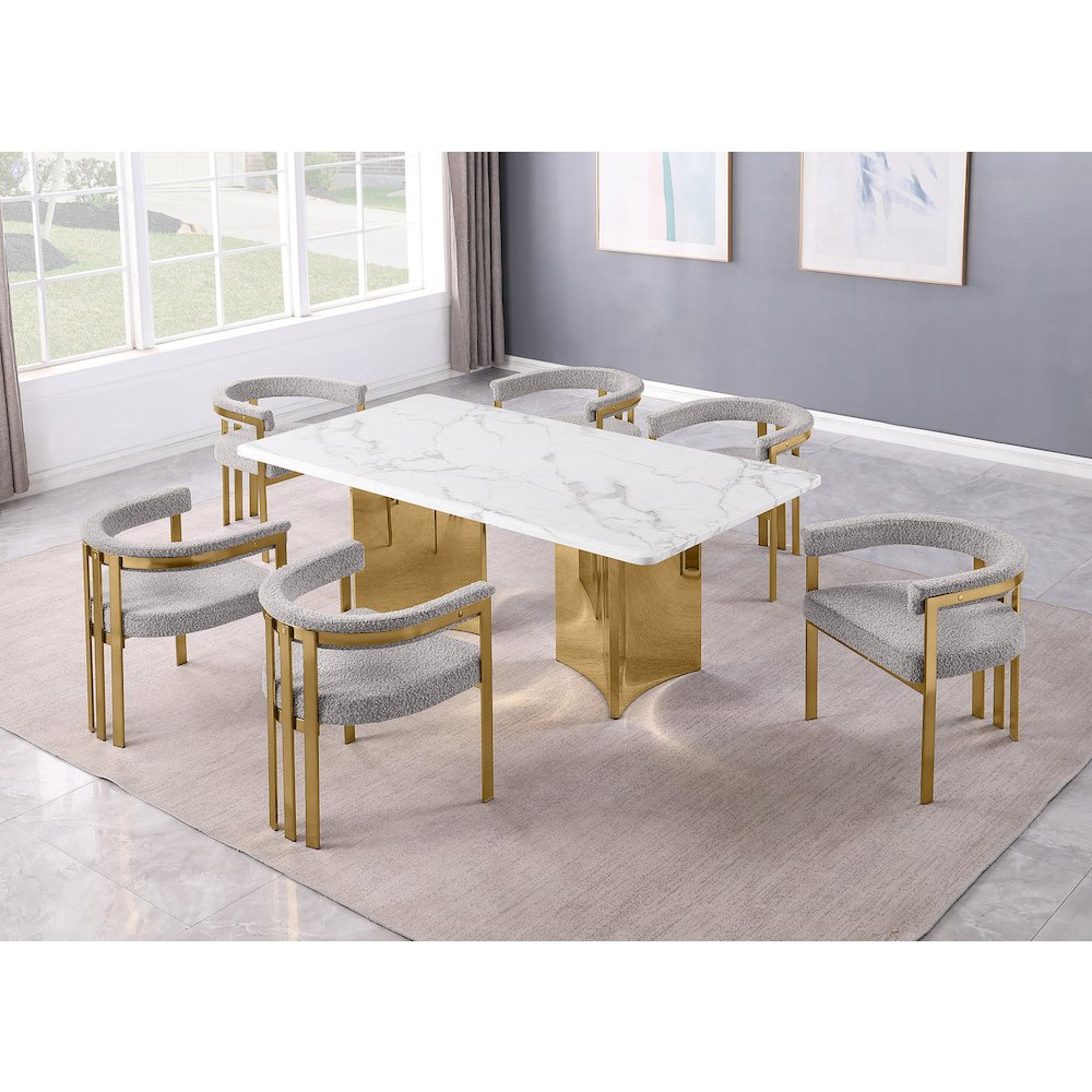 7pc Rectangular White Marble Top with 6 Rich Gray Boucle Fabric Chairs Gold Base. Picture 2