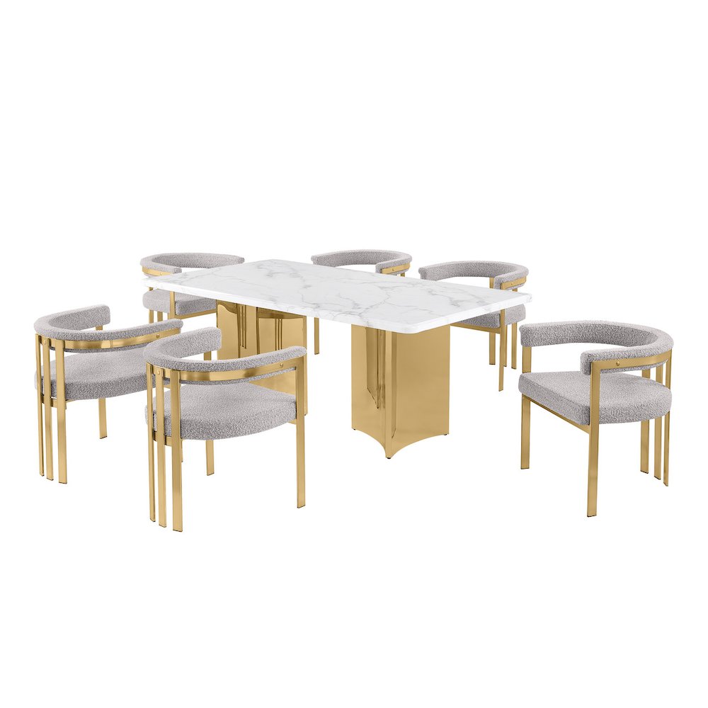 7pc Rectangular White Marble Top with 6 Rich Gray Boucle Fabric Chairs Gold Base. Picture 1