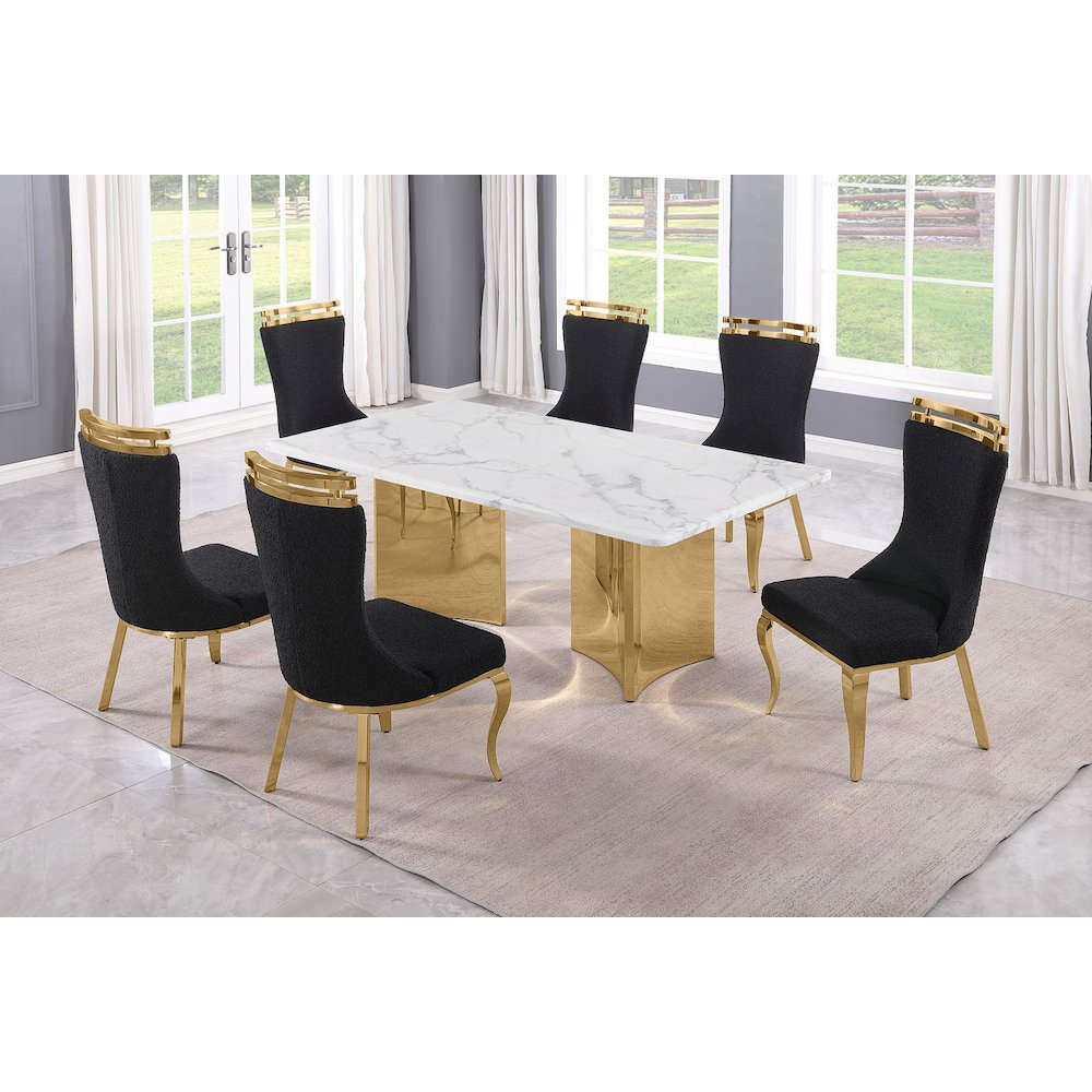 7pc Rectangular White Marble Top with 6 Black Boucle Fabric Chairs Gold Base. Picture 2