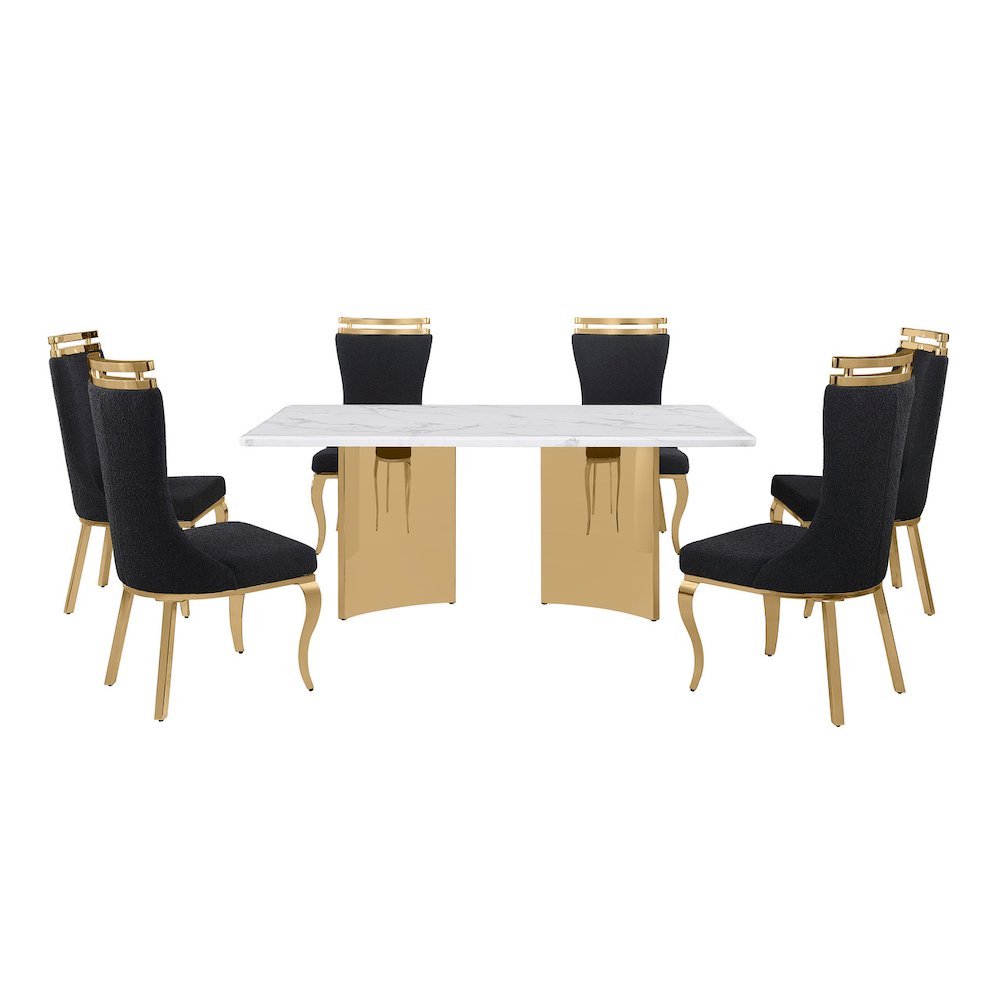 7pc Rectangular White Marble Top with 6 Black Boucle Fabric Chairs Gold Base. Picture 1