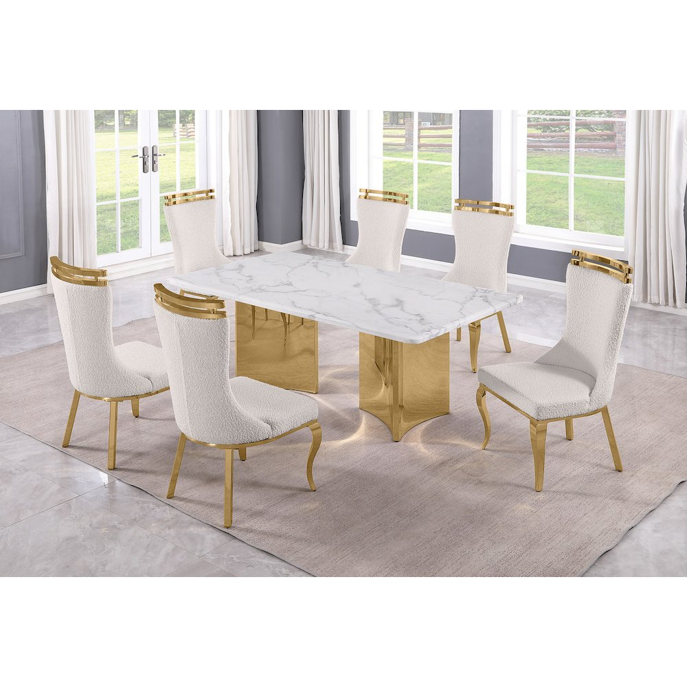 7pc Rectangular White Marble Top with 6 Cream Boucle Fabric Chairs Gold Base. Picture 2