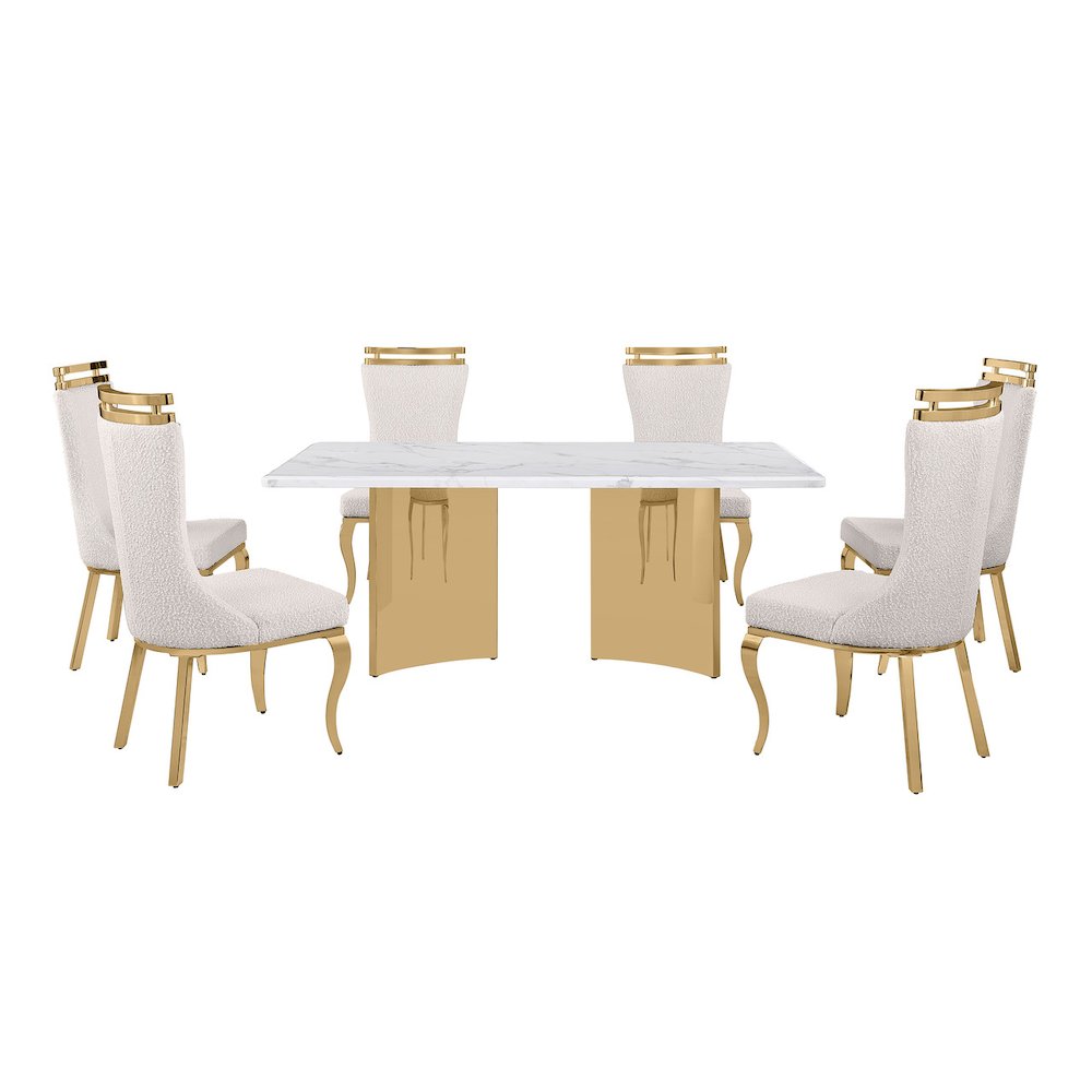 7pc Rectangular White Marble Top with 6 Cream Boucle Fabric Chairs Gold Base. Picture 1