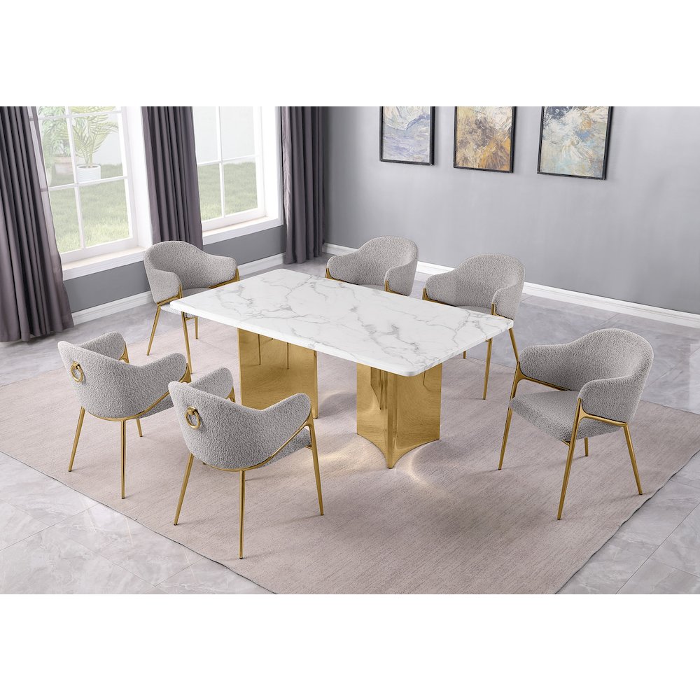7pc Rectangular White Marble Top with 6 Rich Gray Boucle Fabric Chairs Gold Base. Picture 2