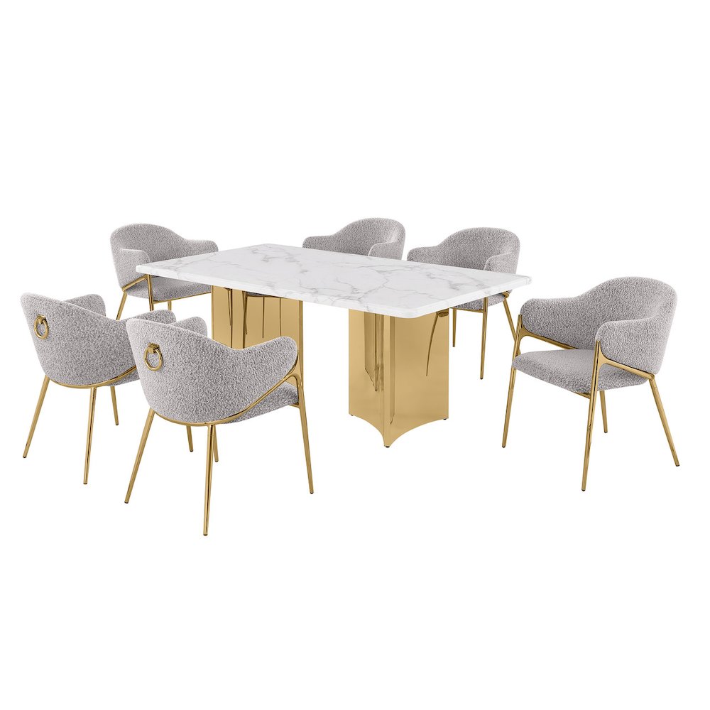 7pc Rectangular White Marble Top with 6 Rich Gray Boucle Fabric Chairs Gold Base. Picture 1