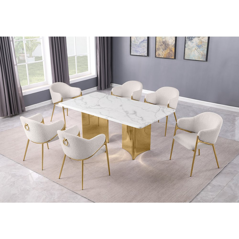 7pc Rectangular White Marble Top with 6 Cream Boucle Fabric Chairs Gold Base. Picture 2