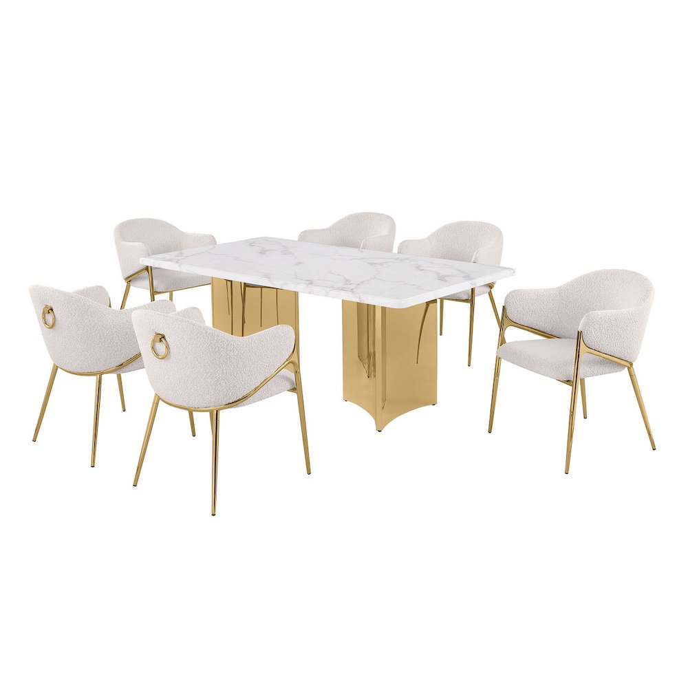 7pc Rectangular White Marble Top with 6 Cream Boucle Fabric Chairs Gold Base. Picture 1