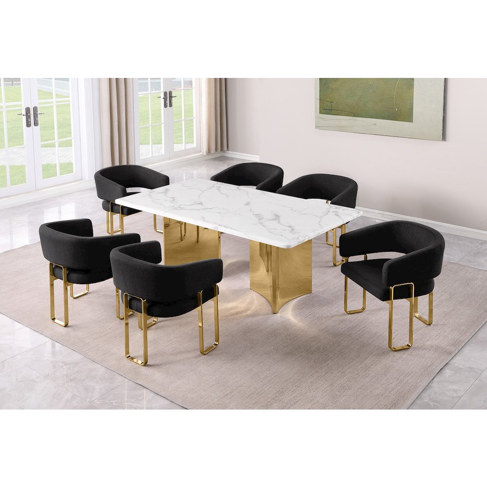 7pc Rectangular Dining Table Set with Marble Top with Black Tri-Leg Chairs. Picture 2