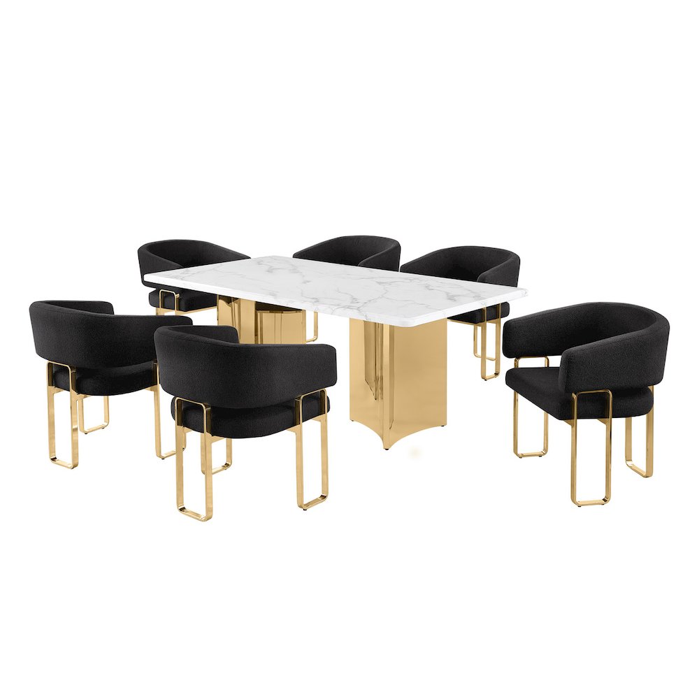 7pc Rectangular Dining Table Set with Marble Top with Black Tri-Leg Chairs. Picture 1