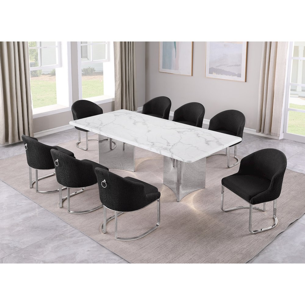 9pc Rectangular Dining Table Set with White Marble Top and Black Chairs. Picture 2