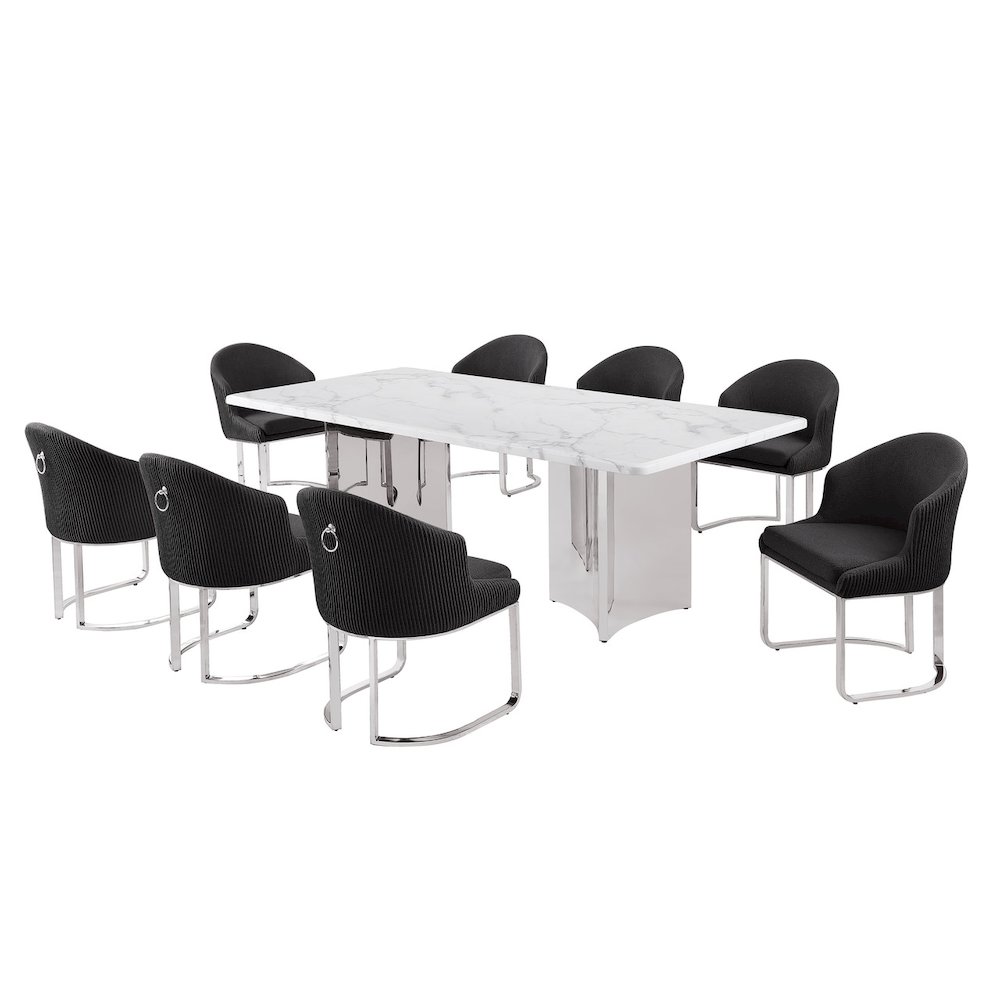 9pc Rectangular Dining Table Set with White Marble Top and Black Chairs. Picture 1