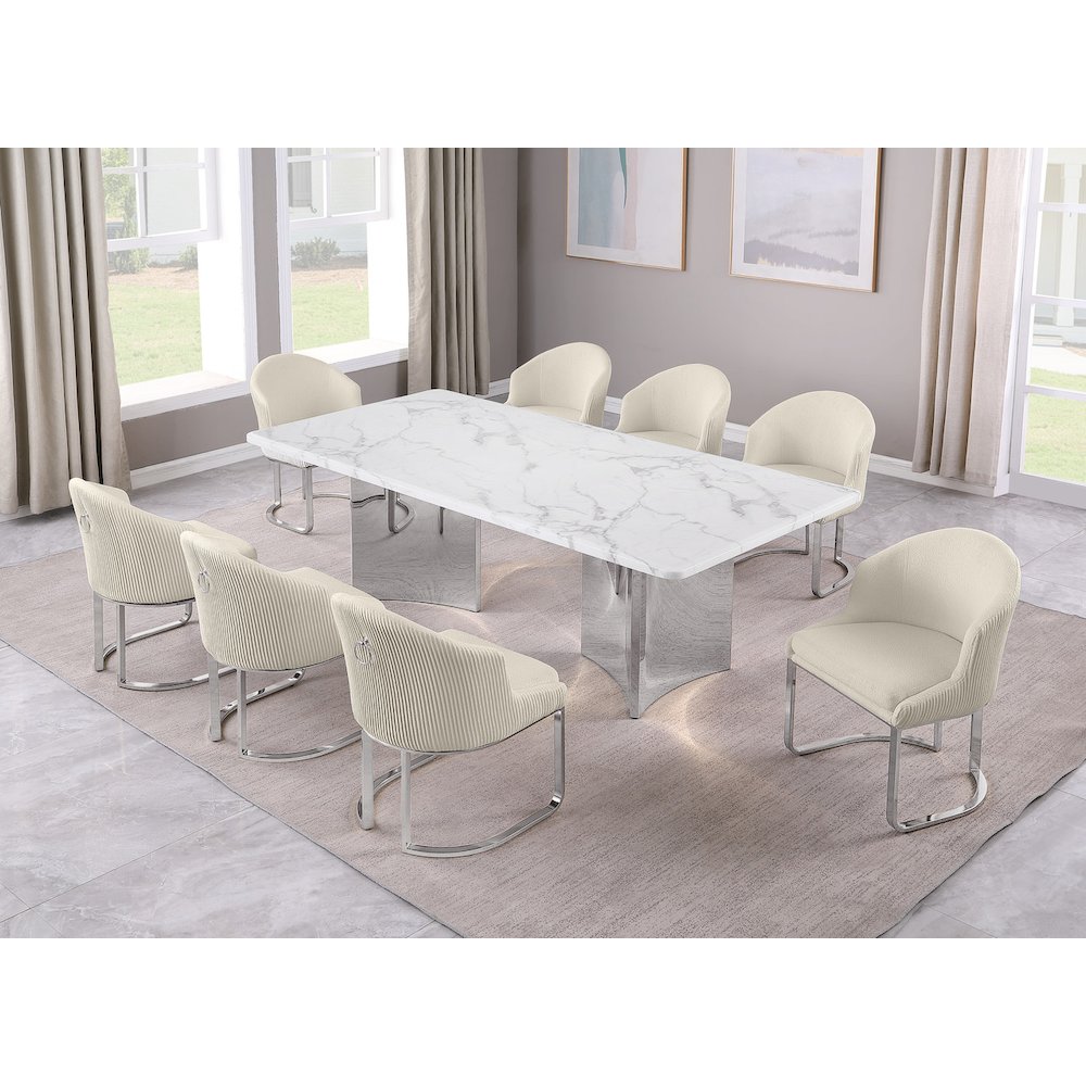 9pc Rectangular Dining Table Set with White Marble Top and Cream Chairs. Picture 2