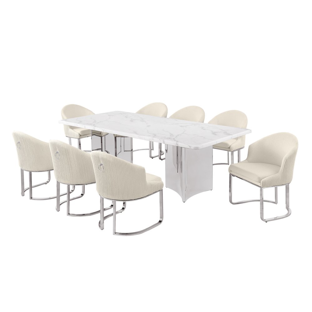 9pc Rectangular Dining Table Set with White Marble Top and Cream Chairs. Picture 1