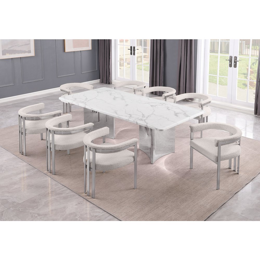 9pc Rectangular White Marble Top with 8 Cream Boucle Fabric Chairs. Picture 2