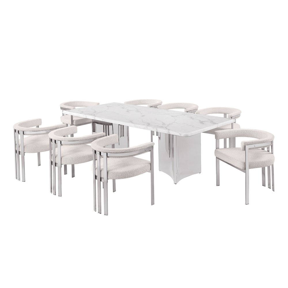 9pc Rectangular White Marble Top with 8 Cream Boucle Fabric Chairs. Picture 1