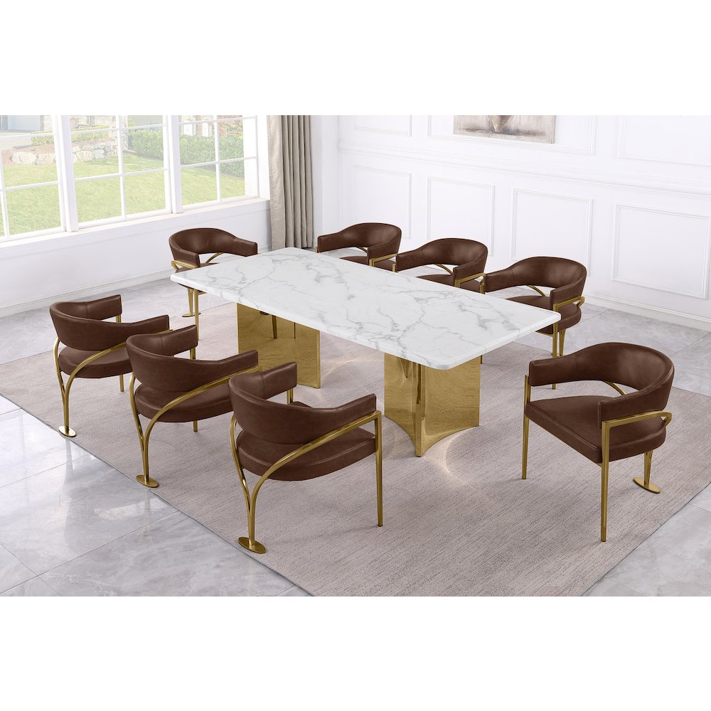 9pc 38mm Marble Top Dining Set Mocha Chiars Gold Base. Picture 2