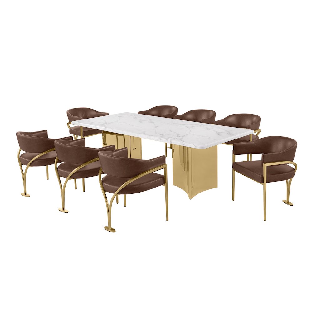 9pc 38mm Marble Top Dining Set Mocha Chiars Gold Base. Picture 1